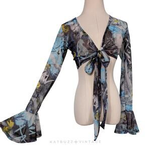 Y2K Mesh Shrug Top S Blue Back Crop Fairy Whimsigoth Tie Cardigan Floral Euro